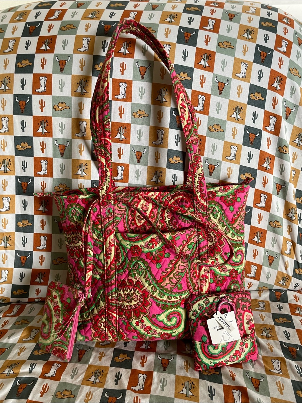Vera Bradley Pink & Green Quilted Paisley Tote + Matching Lanyard with ID Holder